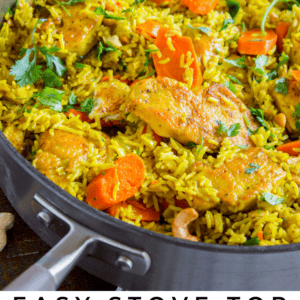 A skillet filled with vibrant yellow rice, chicken pieces, sliced carrots, and fresh cilantro. Text reads: Easy Stove Top Cheater Chicken Biryani – The Food Charlatan.