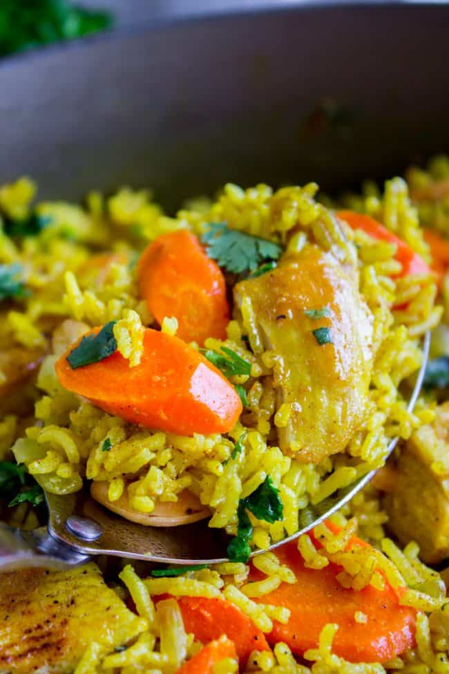 Chicken Biryani (30 Minute Indian Chicken & Rice) from The Food Charlatan. This stove top Chicken Biryani is a delicious 30 minute dinner! You could also call it Indian Chicken and Rice. It's so easy to make and is a healthy weeknight dinner that everyone will love! #chicken #chickendinner #easy #recipe #indian #indianfood #30minutes #dinner #healthy #carrots #onion #cilantro #cashew #stovetop #oneskillet #onepot #rice #basmati #spices #curry #vegetable #skillet Indian chicken curry with carrots.
