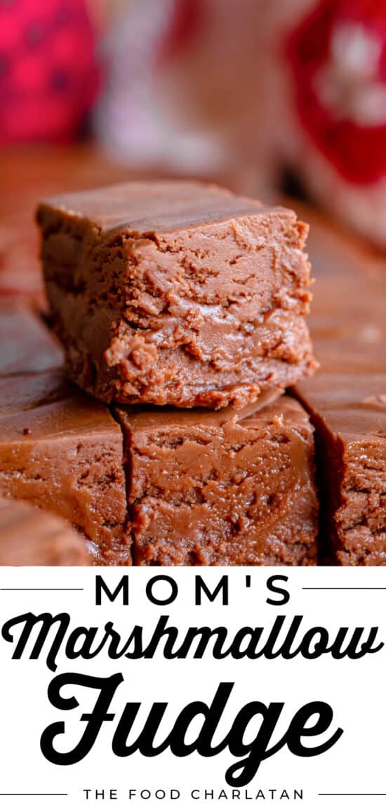 square of marshmallow fluff fudge sitting on more fudge