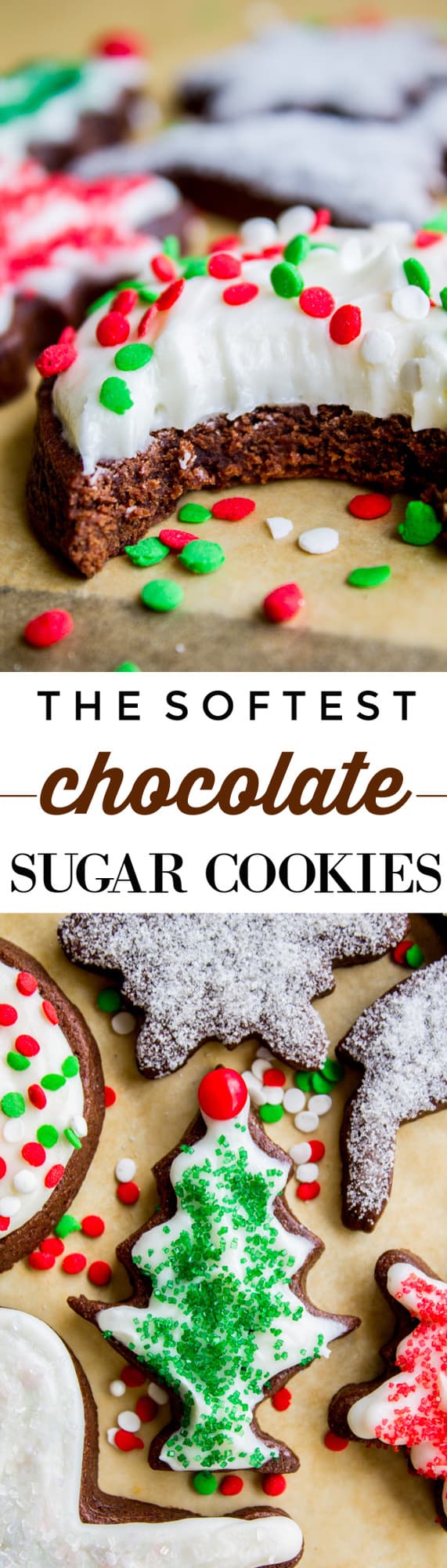 The Softest Chocolate Sugar Cookies (That Hold Their Shape) from The Food Charlatan. They are seriously the softest you will ever have! Packed with chocolate flavor and perfect with a thick schmear of buttercream frosting and sprinkles. Cream cheese in the dough is the secret to super soft sugar cookies! #chocolate #sugarcookies #cookies #frosting #icing #buttercream #sprinkles #creamcheese #spiderweb #halloween #decorated #recipe #soft #cutout #Christmas #chewy #best #frosting #homemade #rolled chocolate sugar cookies