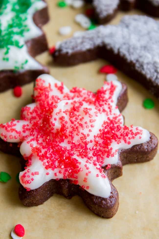 The Softest Chocolate Sugar Cookies (That Hold Their Shape) from The Food Charlatan. They are seriously the softest you will ever have! Packed with chocolate flavor and perfect with a thick schmear of buttercream frosting and sprinkles. Cream cheese in the dough is the secret to super soft sugar cookies! #chocolate #sugarcookies #cookies #frosting #icing #buttercream #sprinkles #creamcheese #spiderweb #halloween #decorated #recipe #soft #cutout #Christmas #chewy #best #frosting #homemade #rolled chocolate sugar cookies from scratch