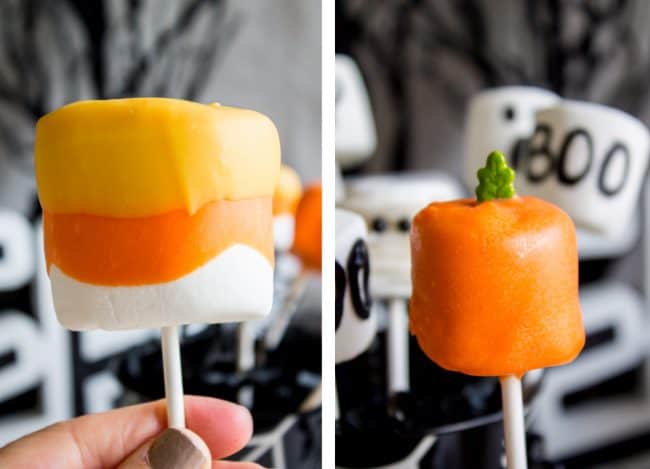 Halloween Marshmallow Pops from The Food Charlatan. Marshmallow pops are about 100x easier to make than cake pops, and so festive for parties! Skip the baking and get to the fun dipping part. Frankenstein, ghosts, mummies, oh my! Your kids will love this easy Halloween project! #halloween #marshmallow #pops #cakepops #marshmallowpops #frankenstein #monster #boo #party #ghost #easy #dessert #kids #howtomake #dipped #centerpiece # fall #diy halloween marshmallow pops