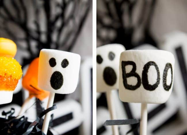 Halloween Marshmallow Pops from The Food Charlatan. Marshmallow pops are about 100x easier to make than cake pops, and so festive for parties! Skip the baking and get to the fun dipping part. Frankenstein, ghosts, mummies, oh my! Your kids will love this easy Halloween project! #halloween #marshmallow #pops #cakepops #marshmallowpops #frankenstein #monster #boo #party #ghost #easy #dessert #kids #howtomake #dipped #centerpiece # fall #diy marshmallow pops