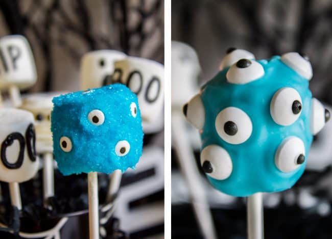 Halloween Marshmallow Pops from The Food Charlatan. Marshmallow pops are about 100x easier to make than cake pops, and so festive for parties! Skip the baking and get to the fun dipping part. Frankenstein, ghosts, mummies, oh my! Your kids will love this easy Halloween project! #halloween #marshmallow #pops #cakepops #marshmallowpops #frankenstein #monster #boo #party #ghost #easy #dessert #kids #howtomake #dipped #centerpiece # fall #diy marshmallow pops tutorial