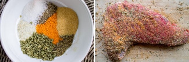 a bowl of spices next to a raw tri tip roast, seasoned.