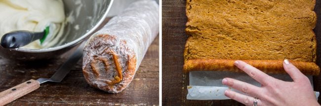 Pumpkin Roll Recipe with Lots of Cream Cheese Frosting from The Food Charlatan. This easy Pumpkin Roll recipe is so impressive and delicious! It's a classic Thanksgiving dessert that you definitely need to make this year. I used LOTS of cream cheese frosting so that it's super moist! #pumpkin #roll #creamcheese #icing #frosting #thanksgiving #christmas #fall #fallbaking #recipe #withcreamcheesefilling #easy #withnutmeg #Libbys #best #homemade #classic #moist #gift #perfect #howtomake #cinnamon pumpkin cake rolled into a log and wrapped in plastic wrap; pumpkin cake rolled back out for frosting.