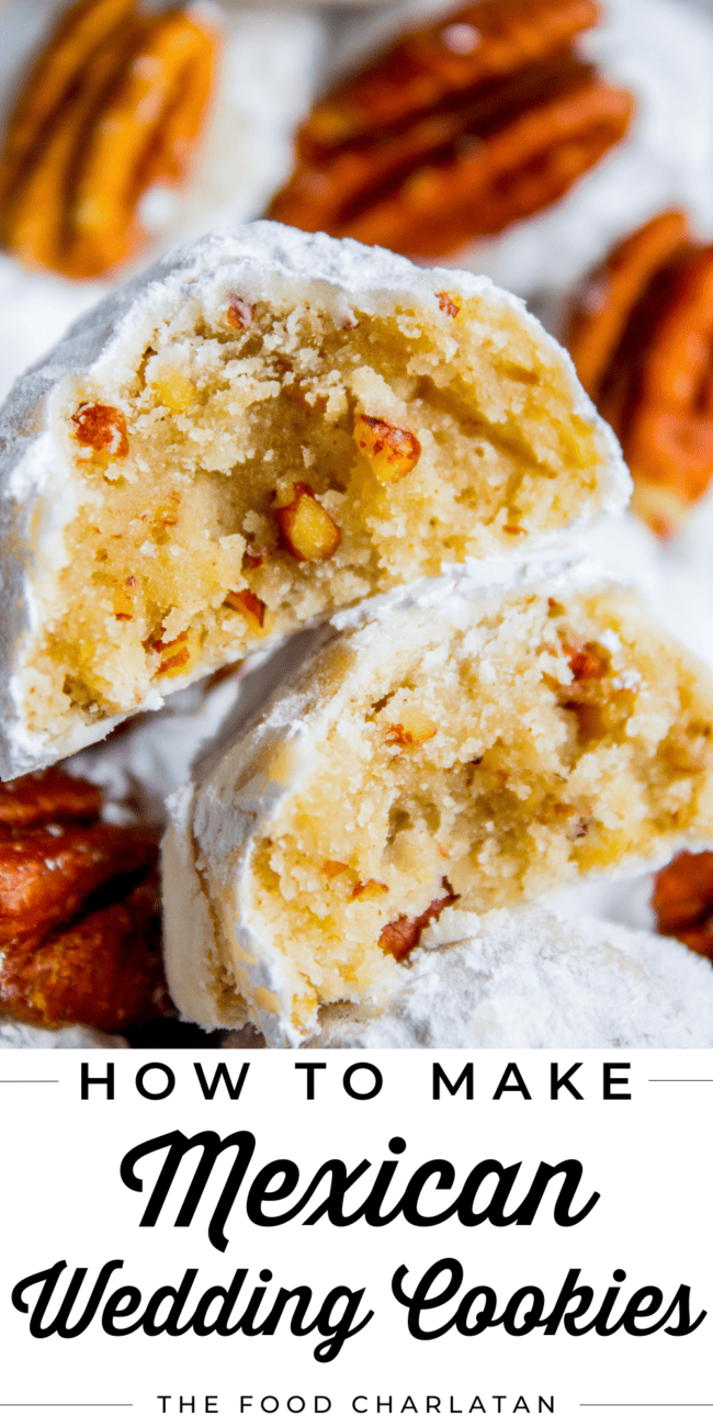Mexican wedding cookies, broken in half, with pecans.