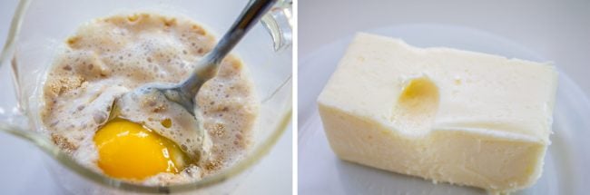 Pecan recipe showing an egg floating in milk next to softened butter.