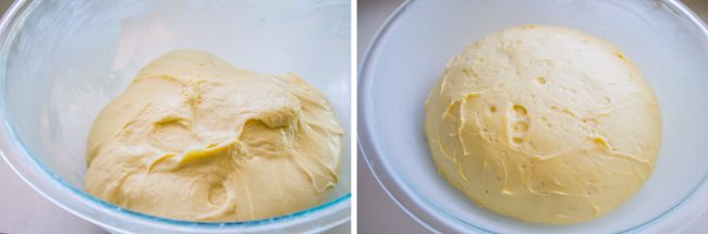 pecan cinnamon rolls dough rising in a bowl.
