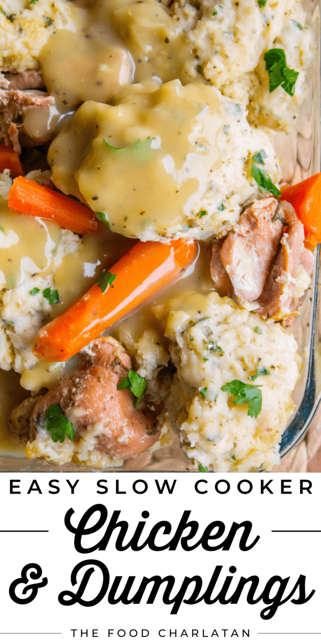 chicken and dumplings with carrots and gravy.