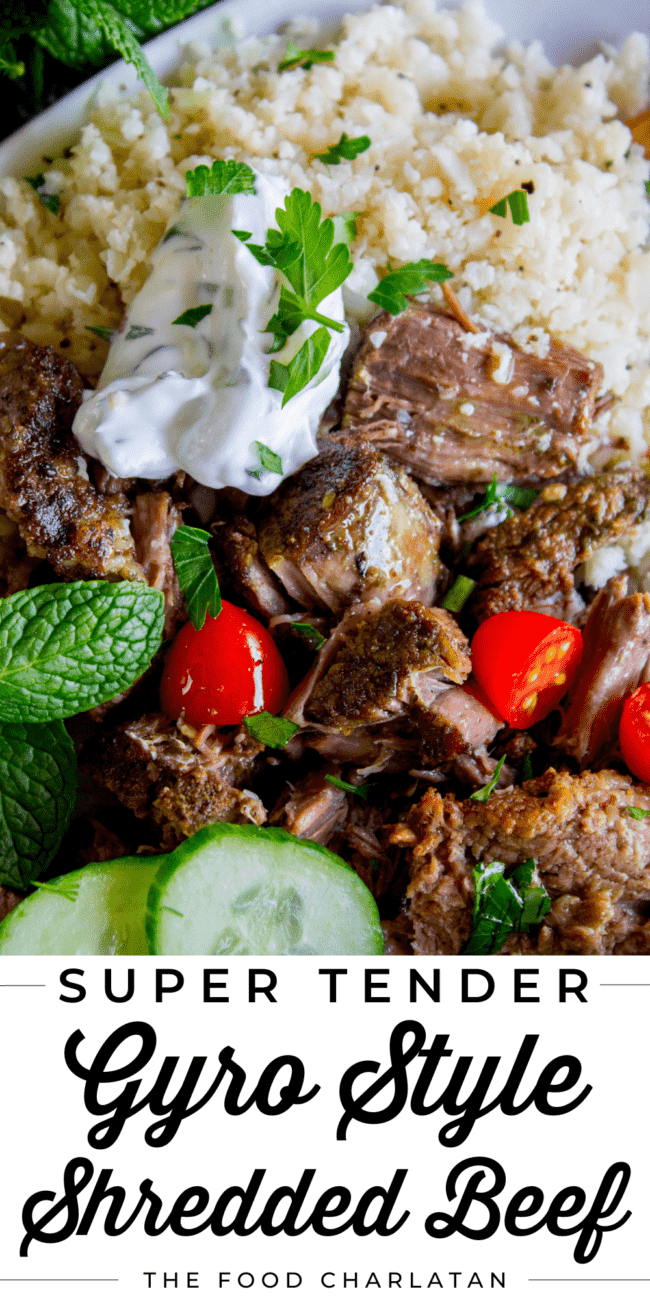 Greek gyro style shredded beef with fresh veggies.
