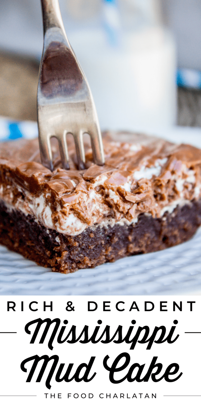a fork in a slice of Mississippi mud cake.