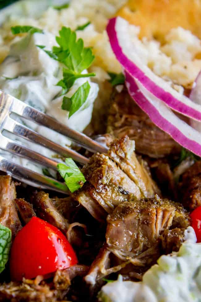 Gyro Style Shredded Beef (Instant Pot or Crock Pot) from The Food Charlatan. All the gyro flavors you love, shredded beef style! This is a super delicious and HEALTHY option for dinner. Make it in the Instant Pot or the Crock Pot! Don't forget to pair it with Tzatziki Sauce (<<it's killer) and Cauliflower Rice. #gyro #gyromeat #beef #shreddedbeef #slowcooker #crockpot #pressurecooker #instantpot #healthy #paleo #whole30 #Greek #pita #rice #tzatziki #sauce #easy a forkful of Greek gyro beef with tzatziki sauce, cauliflower rice, fresh veggies, and herbs.