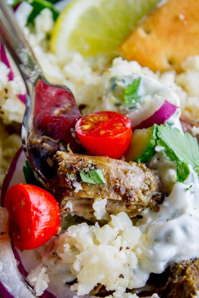Gyro Style Shredded Beef (Instant Pot or Crock Pot) from The Food Charlatan. All the gyro flavors you love, shredded beef style! This is a super delicious and HEALTHY option for dinner. Make it in the Instant Pot or the Crock Pot! Don't forget to pair it with Tzatziki Sauce (<<it's killer) and Cauliflower Rice. #gyro #gyromeat #beef #shreddedbeef #slowcooker #crockpot #pressurecooker #instantpot #healthy #paleo #whole30 #Greek #pita #rice #tzatziki #sauce #easy lifting a forkful of shredded beef with cauliflower rice, tzatziki sauce, fresh veggies, and herbs.