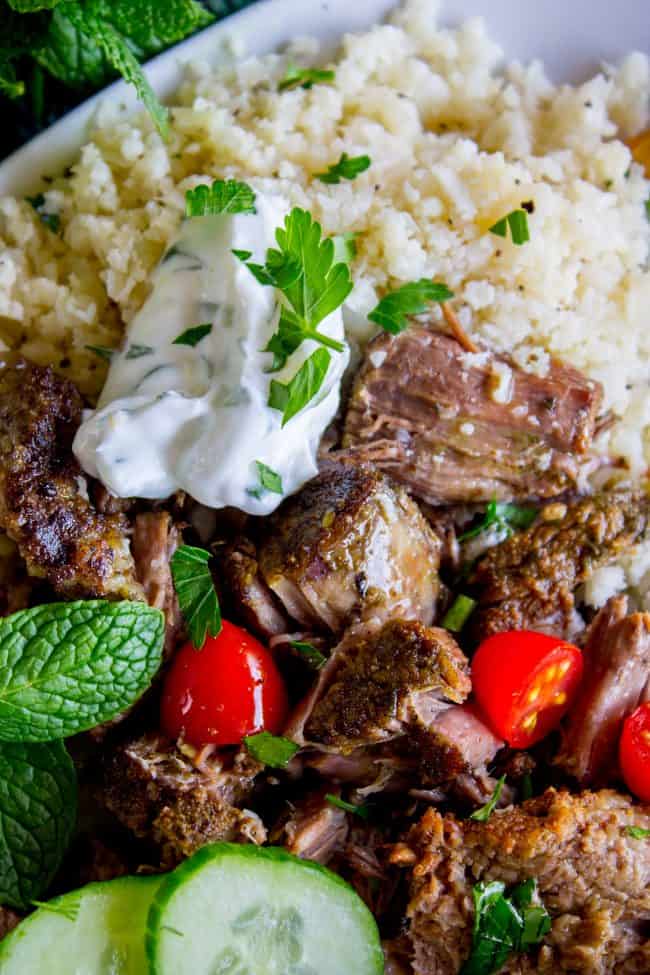 Gyro Style Shredded Beef (Instant Pot or Crock Pot) from The Food Charlatan. All the gyro flavors you love, shredded beef style! This is a super delicious and HEALTHY option for dinner. Make it in the Instant Pot or the Crock Pot! Don't forget to pair it with Tzatziki Sauce (<<it's killer) and Cauliflower Rice. #gyro #gyromeat #beef #shreddedbeef #slowcooker #crockpot #pressurecooker #instantpot #healthy #paleo #whole30 #Greek #pita #rice #tzatziki #sauce #easy shredded gyro beef with cauliflower rice, Tzatziki sauce, fresh veggies, and herbs.