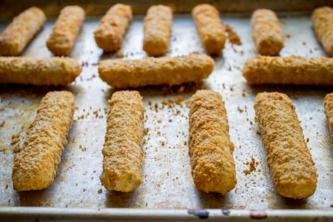 fish sticks on a baking sheet.