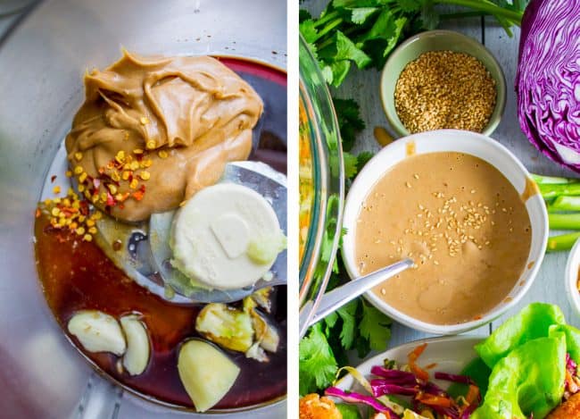 Thai Lettuce Wraps with Crispy Fish and Peanut Sauce from The Food Charlatan. These are a fabulous way to start off your January! Supple butter lettuce wrapped around crispy baked fish, topped with a gingery homemade Asian slaw. Drizzle with sweet and spicy Thai Peanut Sauce and you have an easy and healthy Asian-inspired weeknight dinner! #healthy #fish #crispy #cabbage #slaw #asian #Thai #peanutsauce #easy #sauce #lowcarb #lunch #simple #butterlettuce #greenonion #carrot #purplecabbage making peanut sauce in a food processor, peanut sauce in a bowl.