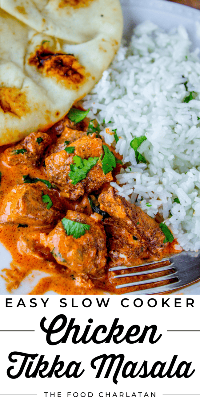 chicken tikka masala with rice and naan.