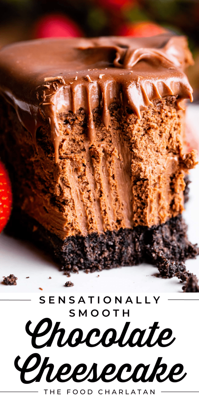 chocolate cheesecake with a bite removed by fork.