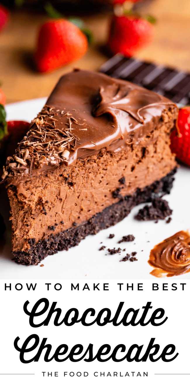 chocolate cheesecake with an Oreo crust and chocolate curls.