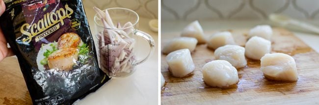 Pan Seared Scallops in Creamy Champagne Sauce from The Food Charlatan. If you have never paired tender, buttery, pan seared scallops with a creamy wine sauce, you are missing out! Toss with some linguine and crispy crumbled bacon, and you have a very special dinner for two. #valentinesday #valentine #dinnerfortwo #romantic #scallops #recipe #easy #pansear #seafood #seared #healthy #pasta #Howtocook #dinner #easy #fried #best #sauteed #creamy #spinach #meal #whattoserve #whitewine #champagne frozen scallops and shallots, scallops on a wooden cutting board.