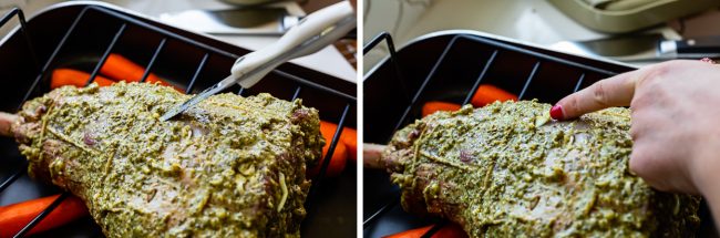 Roast Leg of Lamb with Blackened Honey Dijon Crust from The Food Charlatan. #ad #OhMaille #MyMaille #IDidItMailleWay Roast leg of lamb makes an unforgettable main dish for your Easter celebration! Roast lamb is so delicious, moist, and tender when it is done right. The secret is to turn the oven to 500 degrees to get that blackened honey dijon crust made with Maille® Honey Dijon, then lower it to get the most tender, juicy roast lamb you've ever had. #Walmart #leg #recipes #dinner #easter #lamb roast leg of lamb crusted with herbs and mustard in a roasting pan.