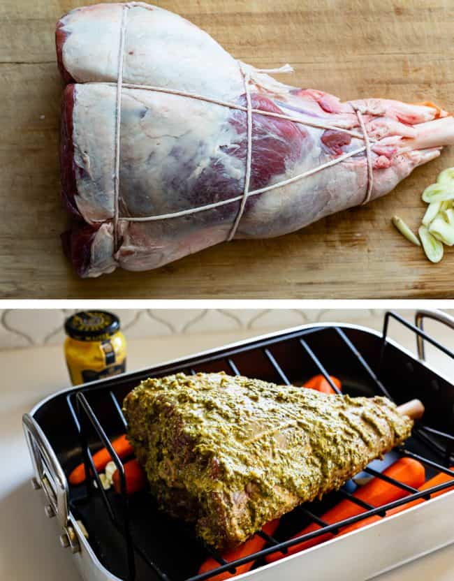 Roast Leg of Lamb with Blackened Honey Dijon Crust from The Food Charlatan. #ad #OhMaille #MyMaille #IDidItMailleWay Roast leg of lamb makes an unforgettable main dish for your Easter celebration! Roast lamb is so delicious, moist, and tender when it is done right. The secret is to turn the oven to 500 degrees to get that blackened honey dijon crust made with Maille® Honey Dijon, then lower it to get the most tender, juicy roast lamb you've ever had. #Walmart #leg #recipes #dinner #easter #lamb leg of lamb on a cutting board wrapped in twine and a herb crusted leg of lamb in a roasting pan with veggies under it.