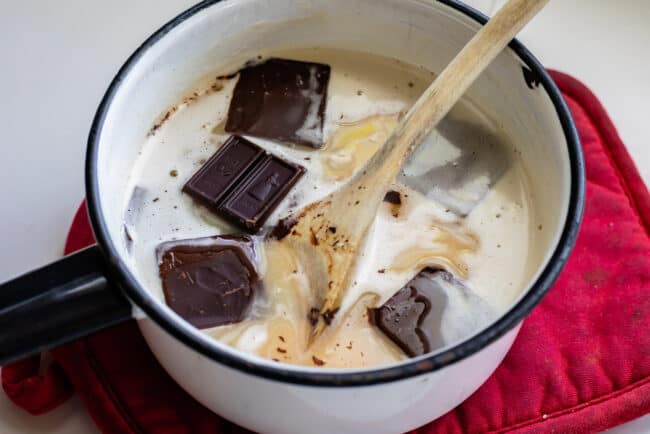 Homemade Chocolate Sauce (The Only Hot Fudge Sauce You'll Ever Need) from The Food Charlatan. Once you go homemade, there's NO going back! This recipe is super easy, uses pantry ingredients, and takes 15 minutes. It's 10x better than store bought hot fudge sauce. It's creamy, smooth, and so chocolatey. #hotfudge #fudge #hot #icecream #Toppings #sauce #homemade #recipe #chocolate #Chocolatesauce #easy #desserts #sundae #uses #oldfashioned #withevaporatedmilk #best #topping #nocornsyrup ingredients for hot fudge sauce in a saucepan with a wooden spoon.