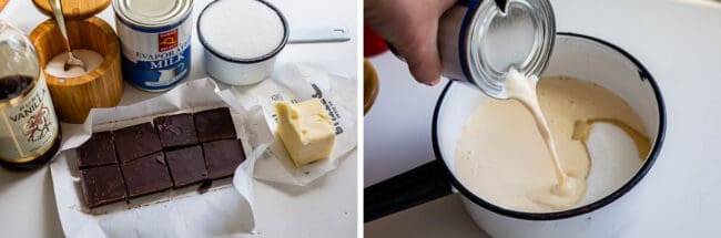 Homemade Chocolate Sauce (The Only Hot Fudge Sauce You'll Ever Need) from The Food Charlatan. Once you go homemade, there's NO going back! This recipe is super easy, uses pantry ingredients, and takes 15 minutes. It's 10x better than store bought hot fudge sauce. It's creamy, smooth, and so chocolatey. #hotfudge #fudge #hot #icecream #Toppings #sauce #homemade #recipe #chocolate #Chocolatesauce #easy #desserts #sundae #uses #oldfashioned #withevaporatedmilk #best #topping #nocornsyrup ingredients for hot fudge sauce being added to a pot.