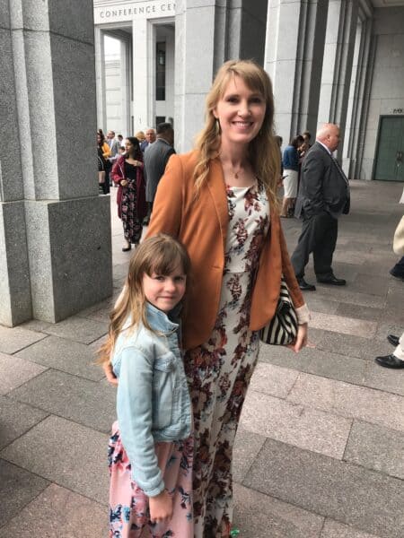Mother and child at a church. 