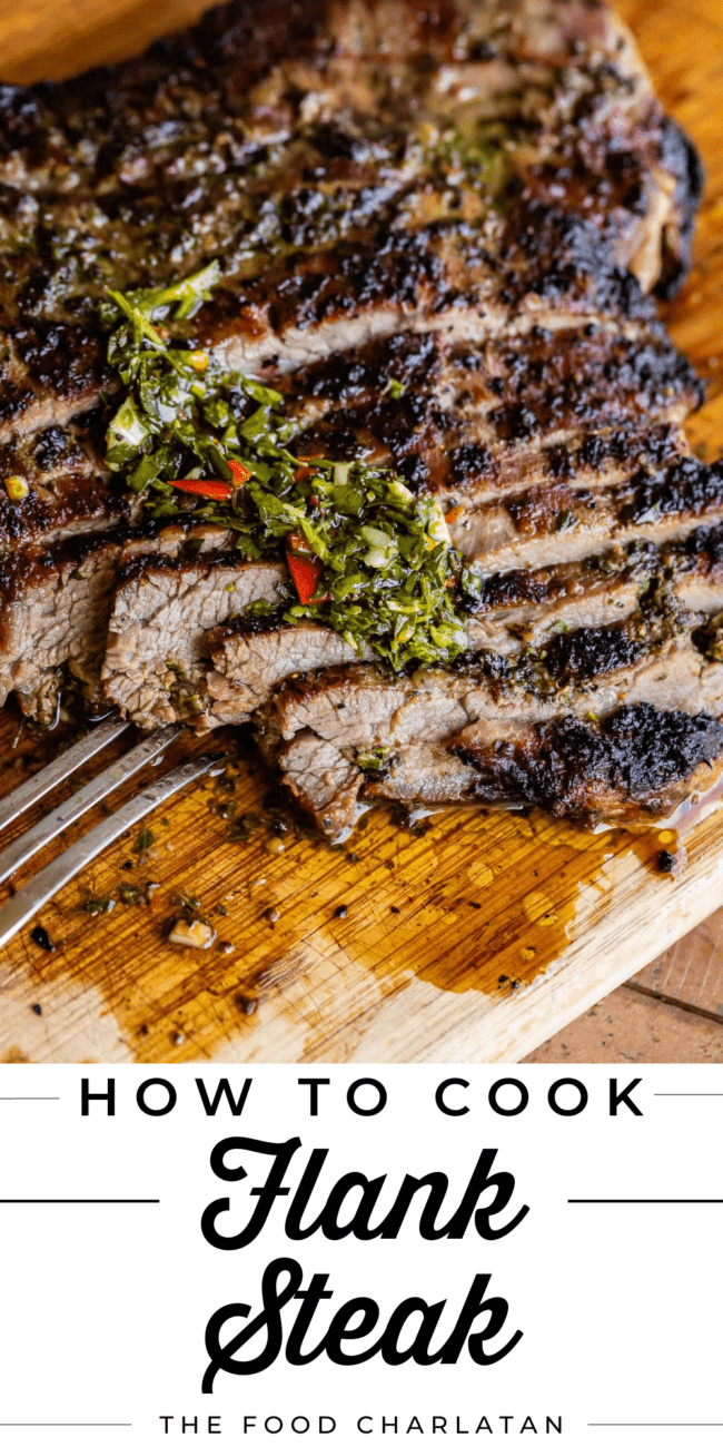 sliced flank steak with chimchurri sauce.