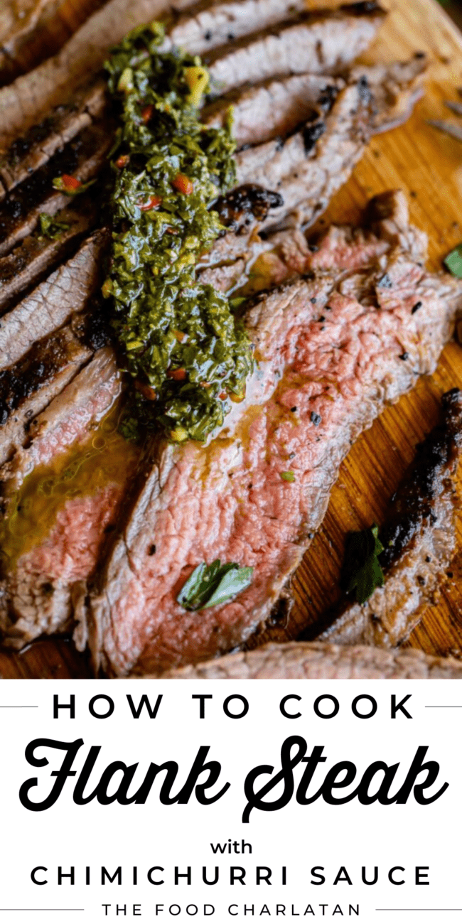 sliced flank steak with chimichurri sauce.