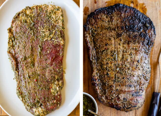How to Cook Flank Steak (Grilled or Oven Broiled) from The Food Charlatan. Flank Steak is incredibly tasty when done well, but can be really easy to mess up. I will show you all my tips to get a flavorful, juicy, and tender flank steak, grilled outside or under the broiler! Using a great marinade, slicing correctly, and cooking hot and fast are the secrets to a fabulous flank steak. #flank #flanksteak #steak #beef #grill #grilled #easy #recipe #summer #marinade #oven #howtocook #chimichurri marinated raw flank steak on a white platter and grilled, cooked flank steak on a wooden cutting board.