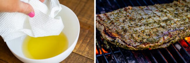 How to Cook Flank Steak (Grilled or Oven Broiled) from The Food Charlatan. Flank Steak is incredibly tasty when done well, but can be really easy to mess up. I will show you all my tips to get a flavorful, juicy, and tender flank steak, grilled outside or under the broiler! Using a great marinade, slicing correctly, and cooking hot and fast are the secrets to a fabulous flank steak. #flank #flanksteak #steak #beef #grill #grilled #easy #recipe #summer #marinade #oven #howtocook #chimichurri dipping a paper towel, grilling a flank steak on a hot grill.