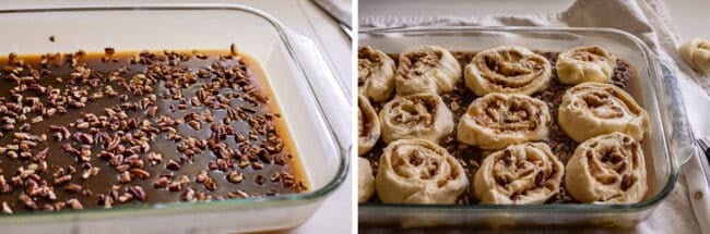 pecans floating in caramel sauce and later topped with rolled out rolls.