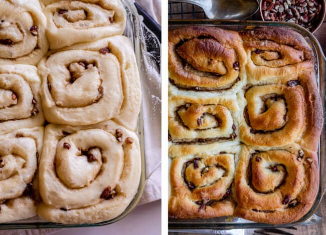 pecan sticky buns shown pre and post baking.
