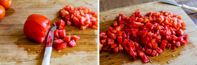 How to Make Authentic Pico de Gallo from The Food Charlatan. Learn how to make the best Pico de Gallo! It's a very simple Mexican salsa with tomatoes, onions, jalapeno, cilantro, and lime juice. Humble ingredients come together to make one of the best appetizers of all time! You will never look at tacos the same after topping them with this magical stuff. #picodegallo #salsa #Mexican #cold #fresh #appetizer #dip #forparties #easy #recipe #receta #authentic #best #homemade #restaurant #picodegalo cutting tomatoes for pico de gallo on a wooden cutting board.