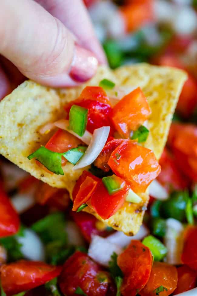 How to Make Authentic Pico de Gallo from The Food Charlatan. Learn how to make the best Pico de Gallo! It's a very simple Mexican salsa with tomatoes, onions, jalapeno, cilantro, and lime juice. Humble ingredients come together to make one of the best appetizers of all time! You will never look at tacos the same after topping them with this magical stuff. #picodegallo #salsa #Mexican #cold #fresh #appetizer #dip #forparties #easy #recipe #receta #authentic #best #homemade #restaurant #picodegalo pico de gallo on a tortilla chip.