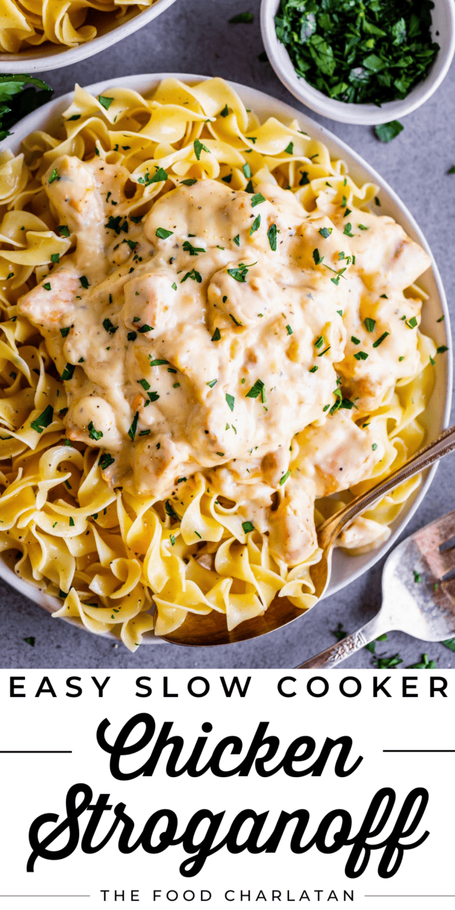 chicken stroganoff over egg noodles.