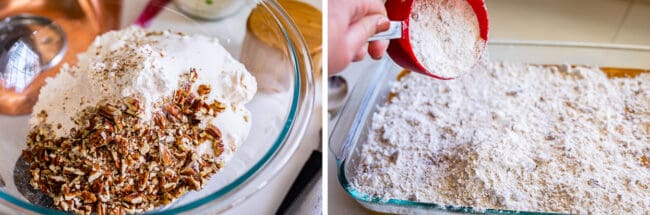 rumbled pecans in a glass bowl next to flour sprinkled over pumpkin dump cake batter.