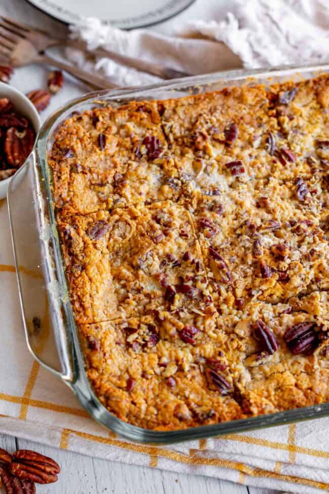 Freshly baked 9x13 inch pan of easy pumpkin dump cake recipe.