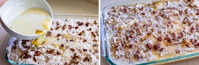 butter poured over dry yellow cake mix, a nutty pumpkin cake in a pan ready to bake.