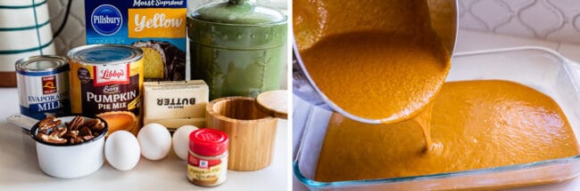cans of pumpkin mix, butter, and eggs next to cake batter.
