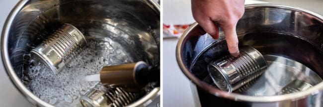 Putting uncooked cans of sweetened condensed milk in instant-pot.
