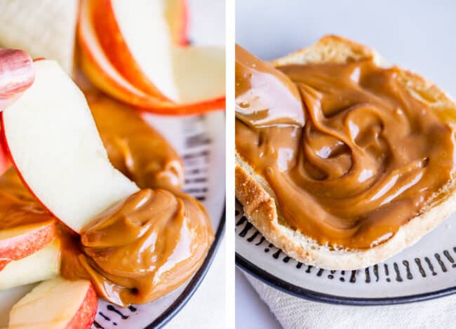 dipping apples in dulce de leche, spreading dulce de leche on an English muffin. 