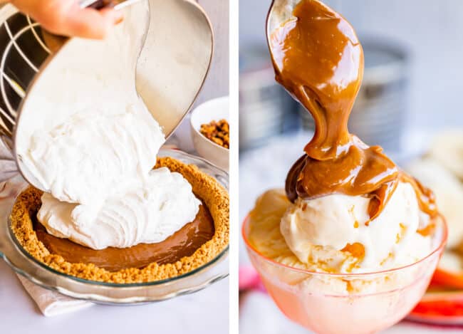 adding whipped cream to a dulce de leche pie, adding dulce de leche to a bowl of vanilla ice cream.