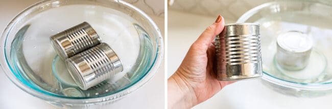 putting cans of cooked dulce de leche in bowls of cold water to cool them down.