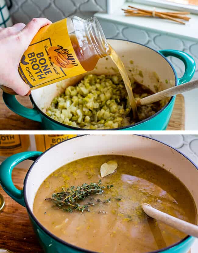 Creamy Turkey Wild Rice Soup recipe from The Food Charlatan! Use your leftover turkey and herbs from Thanksgiving to make a satisfying and healthy soup that is just what you need after all the carb loading you did on Thursday. (I know you.) The hint of lemon and the shredded carrots make this soup really unique and flavorful! #turkey #thanksgiving #christmas #broth #stock #carrots #creamy #crockpot #slowcooker #recipes #leftover #easy #healthy #homemade #carrots #lemon #leftovers #stovetop creamy turkey wild rice soup recipe showing bone broth being poured into a blue crockpot
