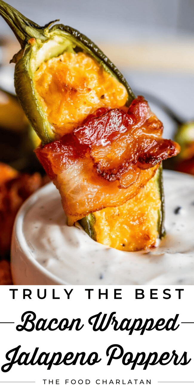 dipping a bacon wrapped jalapeno popper.