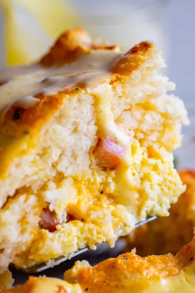 Cheesy Ham and Egg Breakfast Casserole with Biscuits from The Food Charlatan. This crowd-pleasing casserole is my new favorite! Use store bought or homemade biscuits to make a moist and delicious brunch. Top it all off with Hollandaise Sauce for an amazing holiday breakfast! #breakfast #brunch #ham #bacon #sausage #easy #recipe #holidays #Thanksgiving #Christmas #makeahead #withbiscuits #overnight #recipes #foracrowd #best #nightbefore #simple #quick #forlargegroups #Pillsbury #freezer #savory a close up shot of a slice of biscuit breakfast casserole.